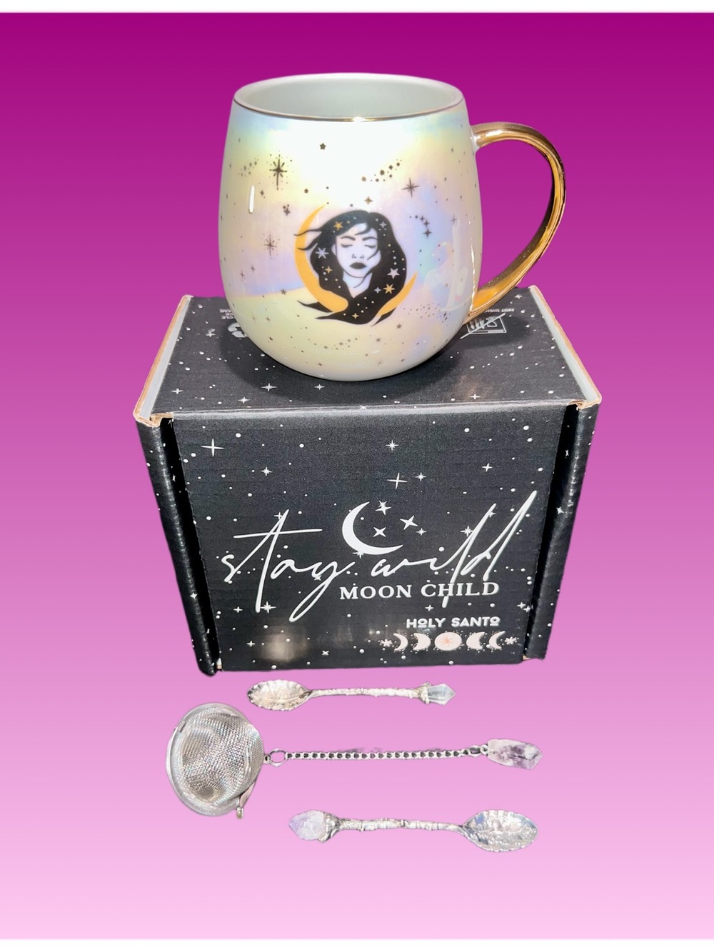 Iridescent Mug Tea Steeper Set with spoons.